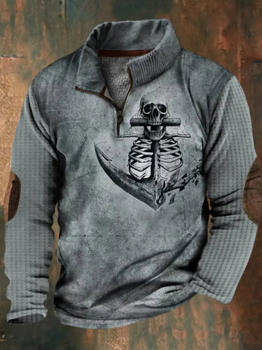 Men’s Punk Skeleton Boat Anchor Print Lapel Walf Checks splicing Zipper Sweatshirt A / S