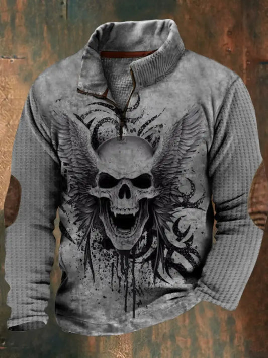Men’s Punk Skeleton Wings Print Lapel Walf Checks splicing Zipper Sweatshirt A / S