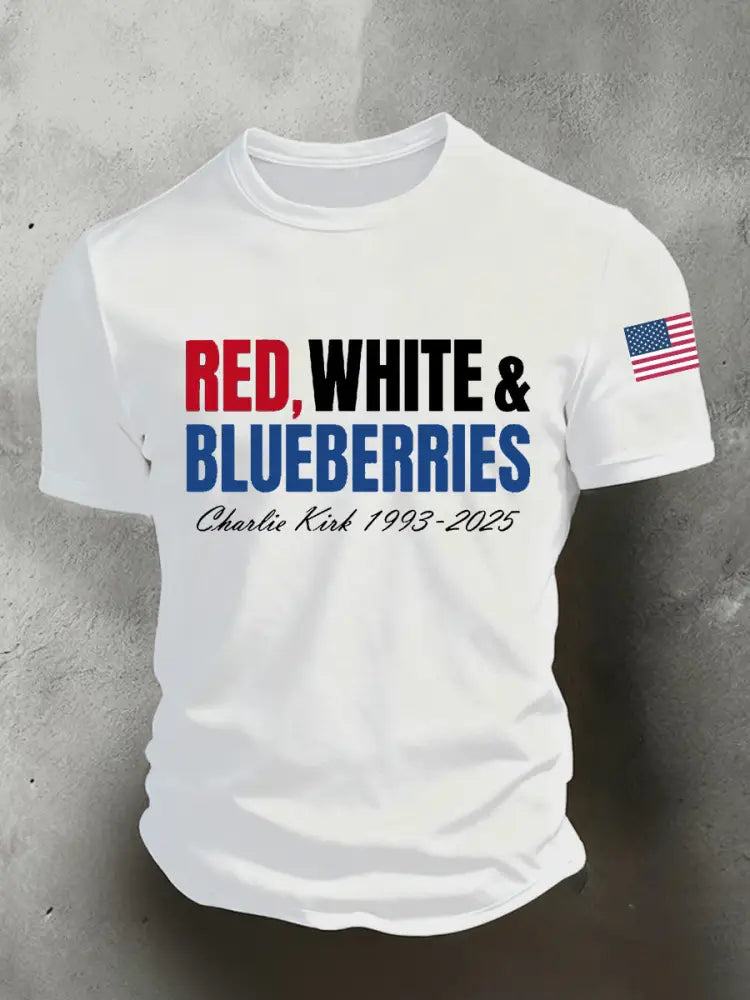 Men’s Red White Blueberries Charlie Kirk Short-sleeved T-shirt White / S