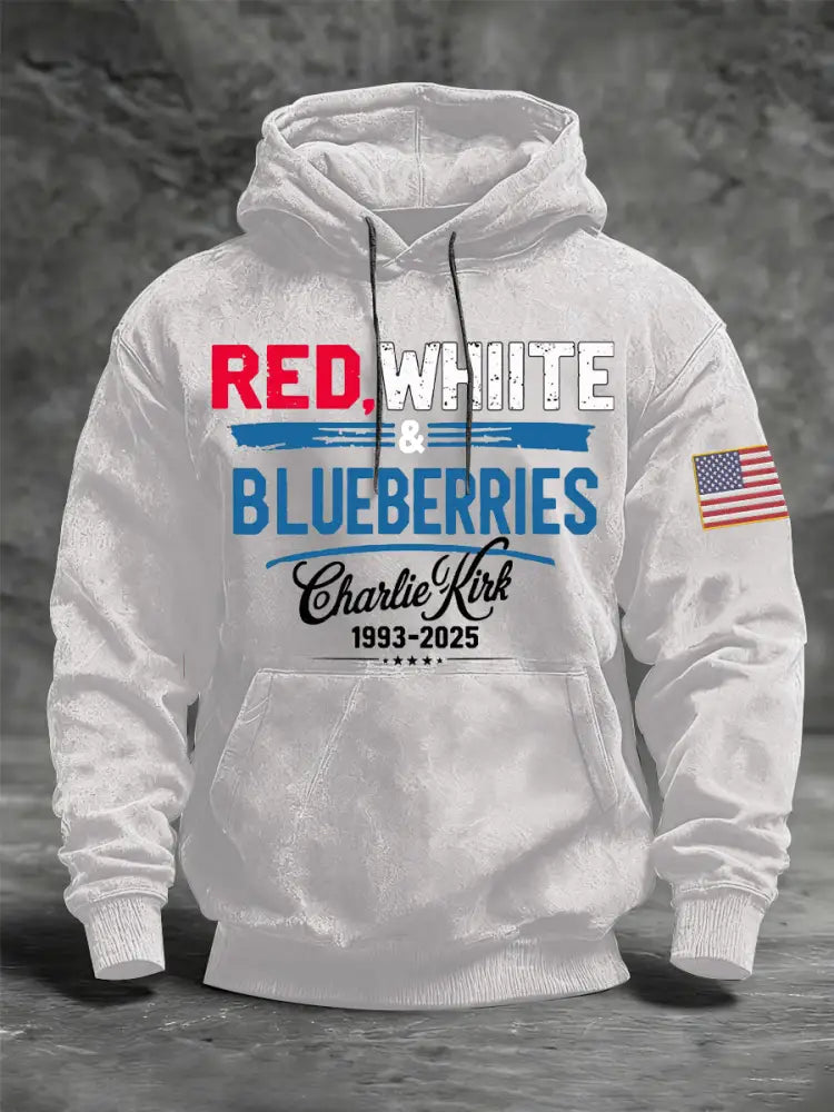Men’s ‘Red White & Blueberries’ Oversized Drop-Shoulder Hoodie with Pockets White / S