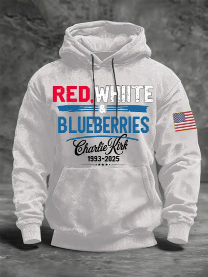 Men’s ‘Red White & Blueberries’ Oversized Drop-Shoulder Hoodie with Pockets White / S