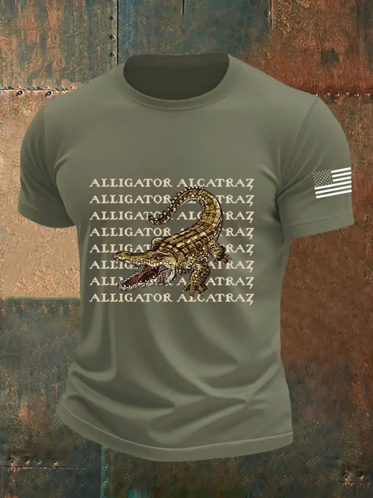 Men’s Retro Alligator Alcatraz Funny Florida Everglades Dark Humor Short Sleeve Tee Army Green / S