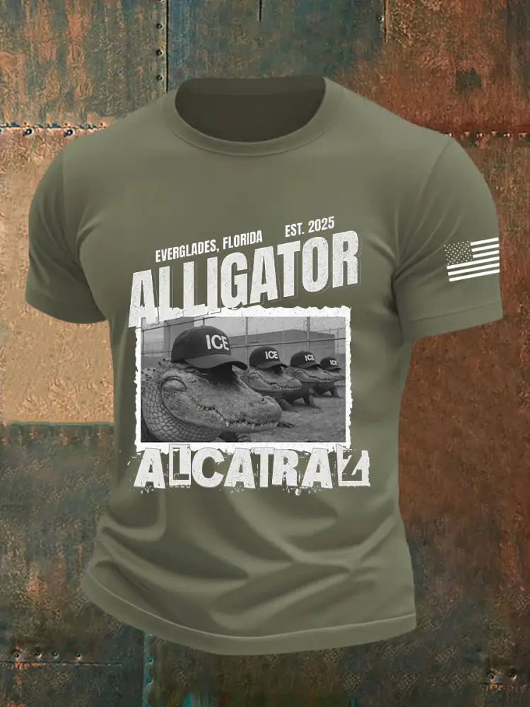 Men’s Retro Alligator Alcatraz Funny Florida Everglades Dark Humor Short Sleeve Tee Army Green / S
