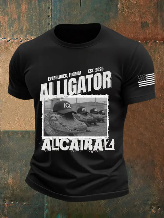 Men’s Retro Alligator Alcatraz Funny Florida Everglades Dark Humor Short Sleeve Tee Black / S
