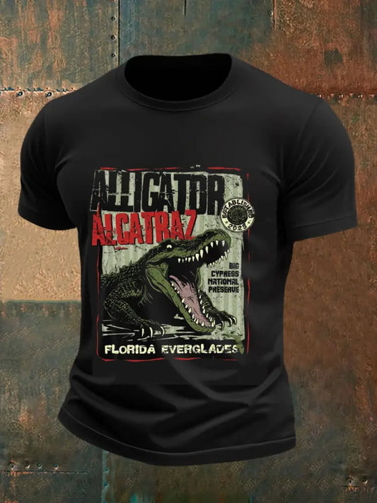 Men’s Retro Alligator Alcatraz Funny Florida Everglades Dark Humor Short Sleeve Tee Black / S