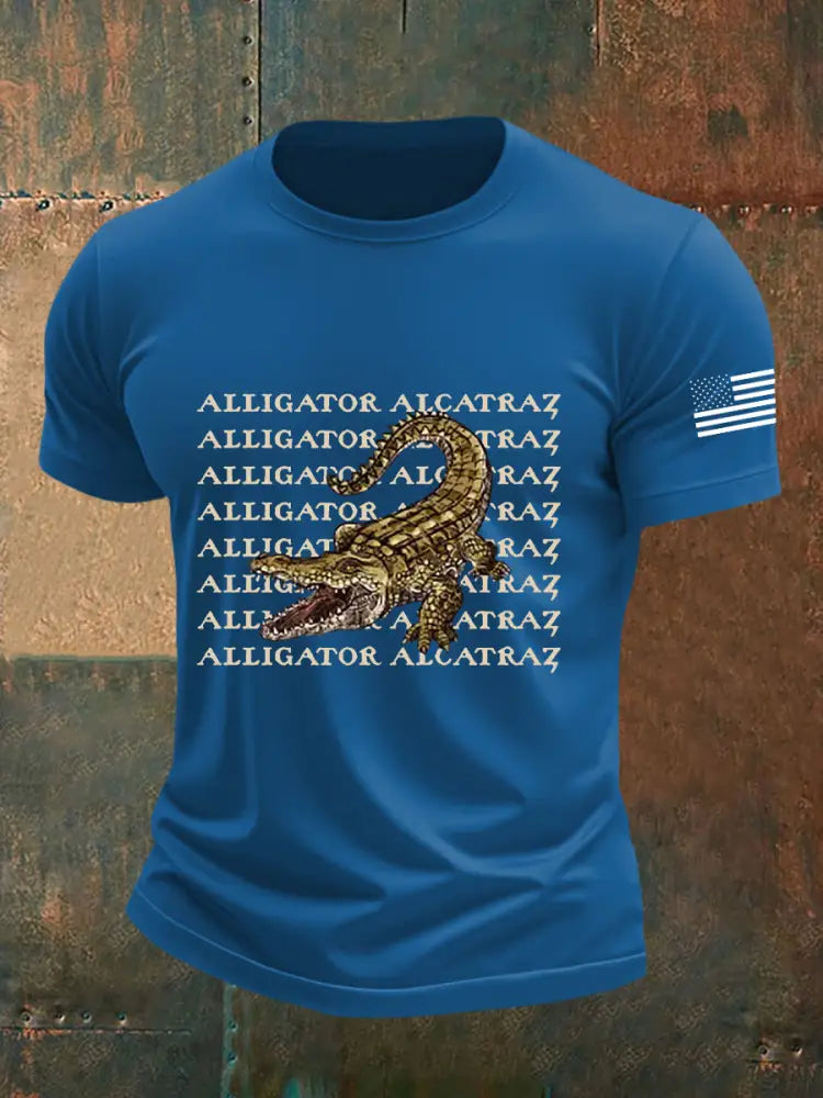 Men’s Retro Alligator Alcatraz Funny Florida Everglades Dark Humor Short Sleeve Tee Blue / S