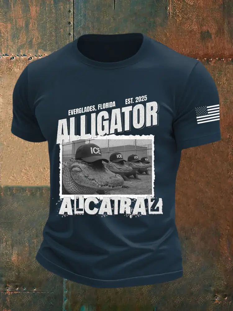 Men’s Retro Alligator Alcatraz Funny Florida Everglades Dark Humor Short Sleeve Tee Navy Blue / S