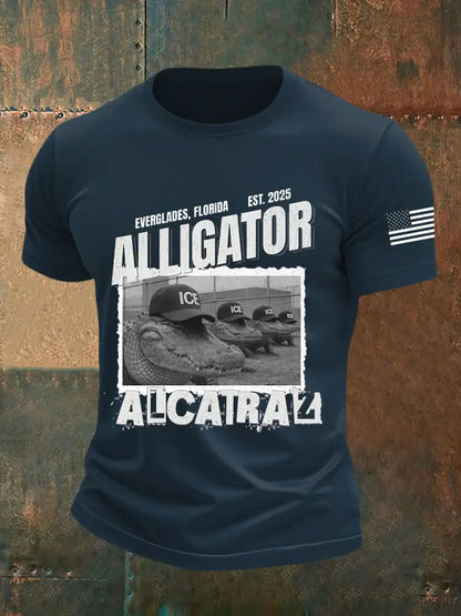 Men’s Retro Alligator Alcatraz Funny Florida Everglades Dark Humor Short Sleeve Tee Navy Blue / S