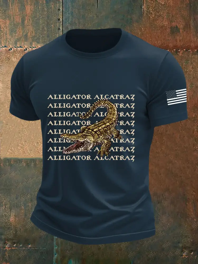 Men’s Retro Alligator Alcatraz Funny Florida Everglades Dark Humor Short Sleeve Tee Navy Blue / S