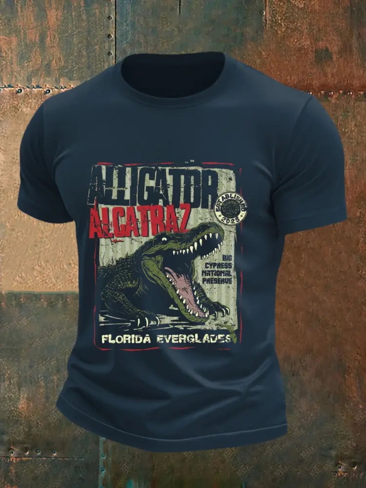 Men’s Retro Alligator Alcatraz Funny Florida Everglades Dark Humor Short Sleeve Tee Navy Blue / S