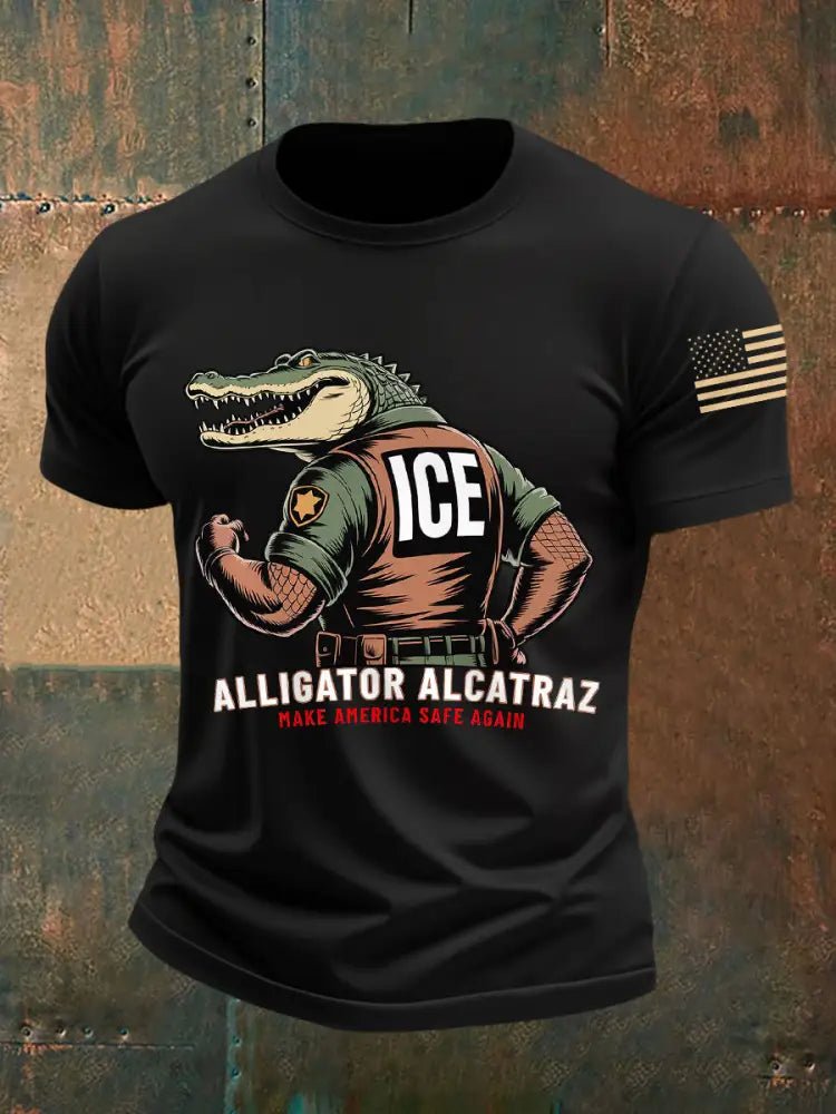 Men’s Retro Alligator Alcatraz Funny Florida Everglades Dark Humor Tee