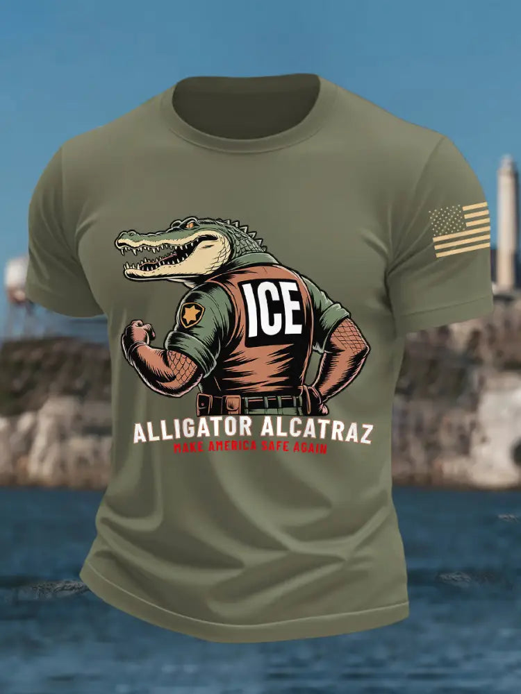 Men’s Retro Alligator Alcatraz Funny Florida Everglades Dark Humor Tee Army Green / S