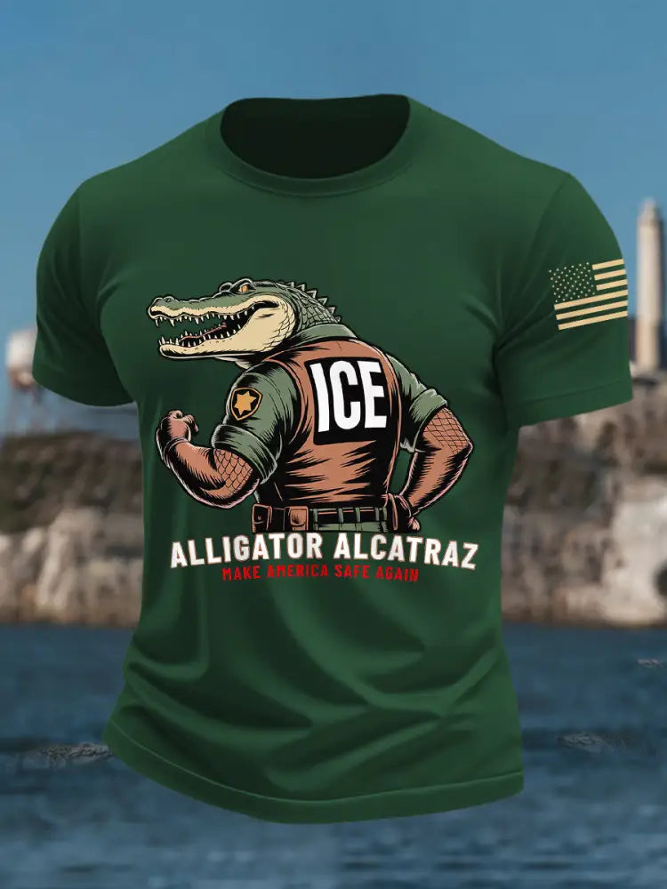 Men’s Retro Alligator Alcatraz Funny Florida Everglades Dark Humor Tee Dark Green / S