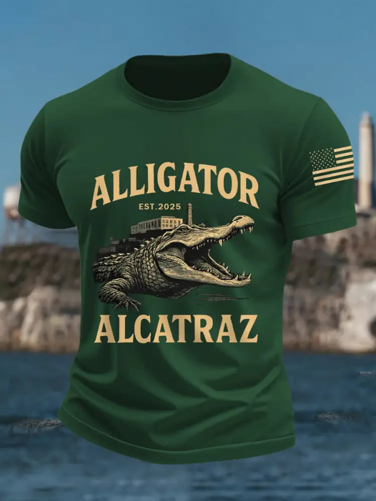 Men’s Retro Alligator Alcatraz Funny Florida Everglades Dark Humor Tee Dark Green / S