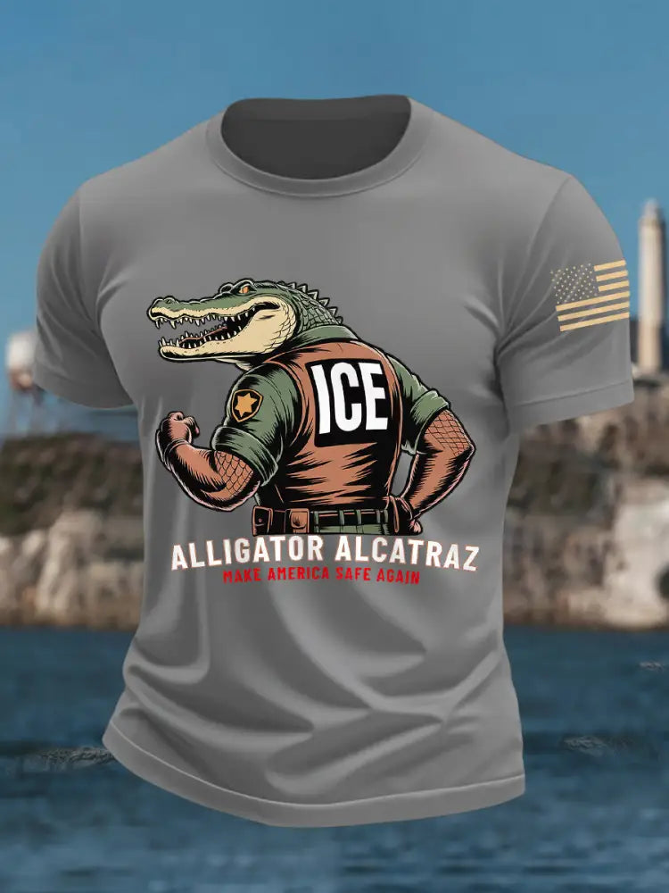 Men’s Retro Alligator Alcatraz Funny Florida Everglades Dark Humor Tee Light Gray / S
