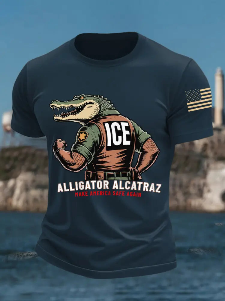 Men’s Retro Alligator Alcatraz Funny Florida Everglades Dark Humor Tee Navy Blue / S