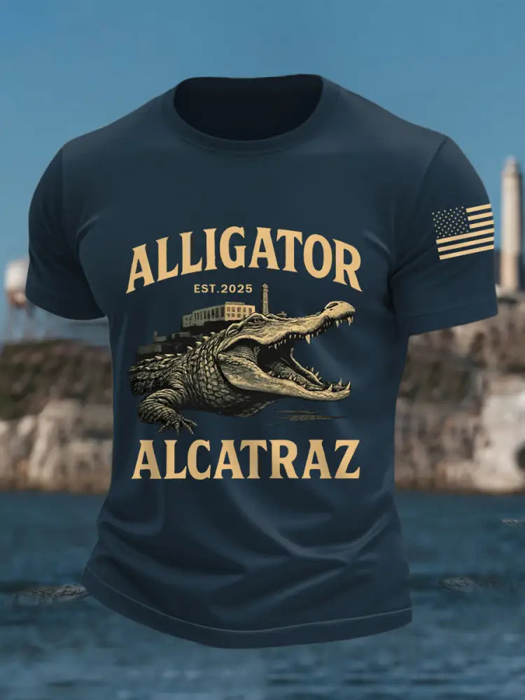 Men’s Retro Alligator Alcatraz Funny Florida Everglades Dark Humor Tee Navy Blue / S
