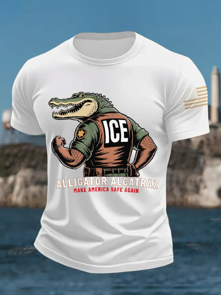 Men’s Retro Alligator Alcatraz Funny Florida Everglades Dark Humor Tee White / S