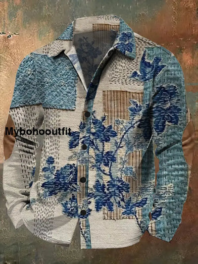 Men’s Retro Art Print Casual Long Sleeve Shirt A / S