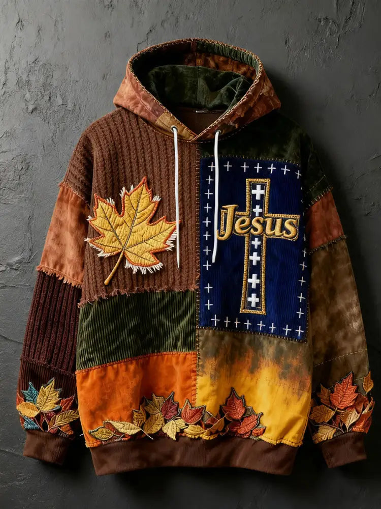 Men’s Retro Casual Faith Cross Art Print Oversized Drop-Shoulder Pockets Hoodie As picture / S
