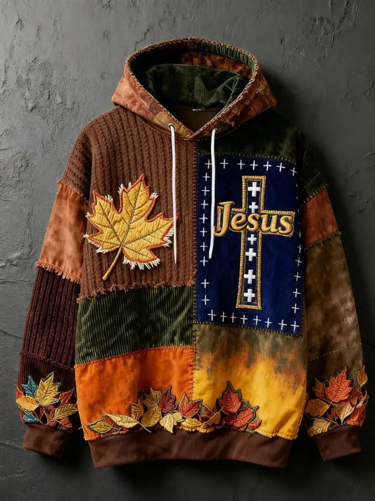 Men’s Retro Casual Faith Cross Art Print Oversized Drop-Shoulder Pockets Hoodie As picture / S