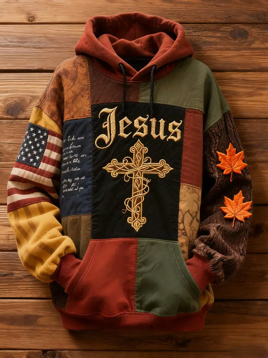 Men’s Retro Casual Faith Cross Art Print Oversized Drop-Shoulder Pockets Hoodie As picture / S