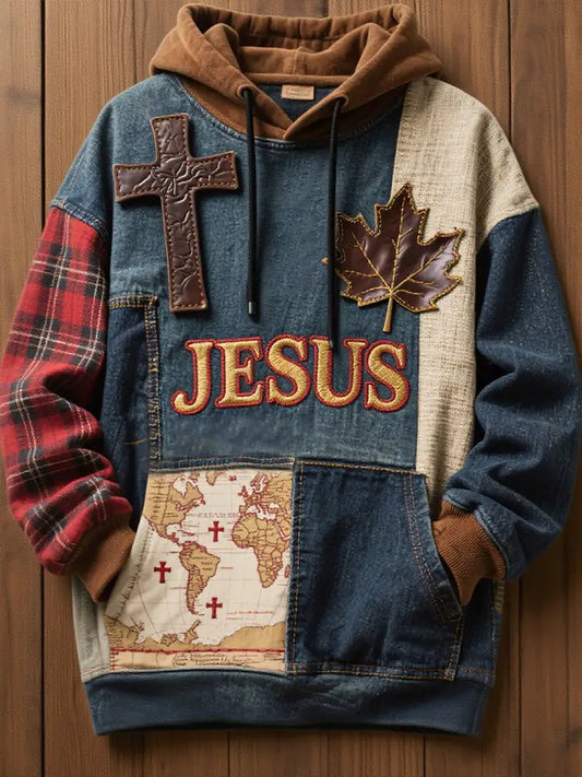 Men’s Retro Casual Faith Cross Art Print Oversized Drop-Shoulder Pockets Hoodie As picture / S