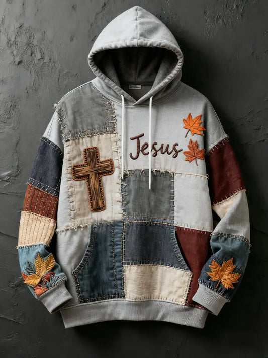 Men’s Retro Casual Faith Cross Art Print Oversized Drop-Shoulder Pockets Hoodie As picture / S