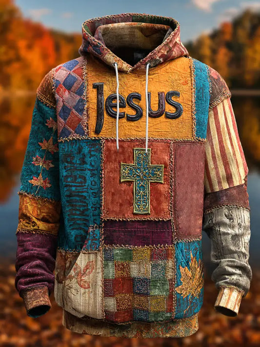 Men’s Retro Casual Faith Cross Art Print Oversized Drop Shoulder Pockets Hoodie As picture / S