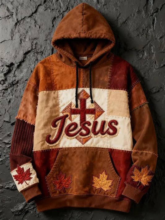 Men’s Retro Casual Faith Cross Art Print Oversized Drop-Shoulder Pockets Hoodie As picture / S