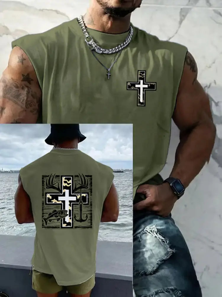 Men’s Retro Faith Fishing Hunting Print Round Neck Tank Vests Army Green / S