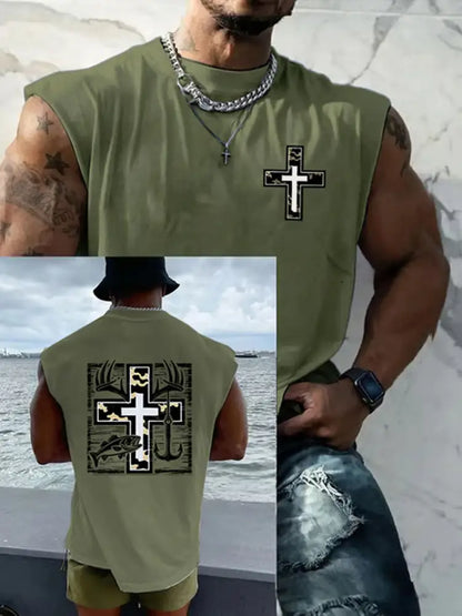 Men’s Retro Faith Fishing Hunting Print Round Neck Tank Vests Army Green / S