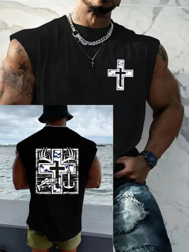 Men’s Retro Faith Fishing Hunting Print Round Neck Tank Vests Black / S