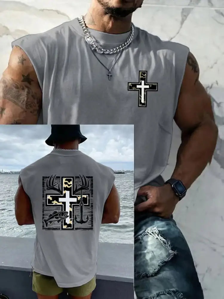 Men’s Retro Faith Fishing Hunting Print Round Neck Tank Vests Gray / S