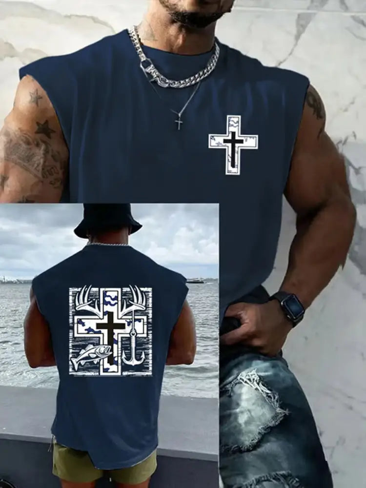 Men’s Retro Faith Fishing Hunting Print Round Neck Tank Vests Navy Blue / S