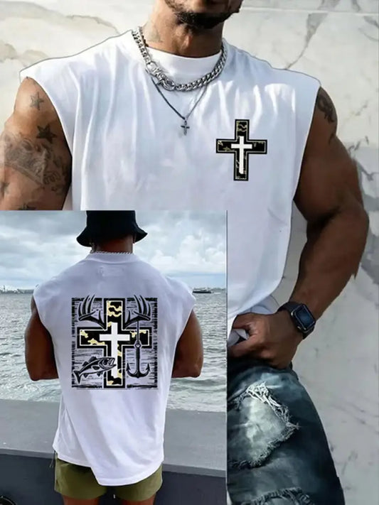 Men’s Retro Faith Fishing Hunting Print Round Neck Tank Vests White / S