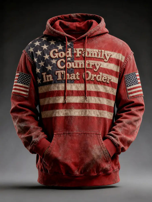 Men’s Retro God Family Country In That Order Printed Hoodie Red / S