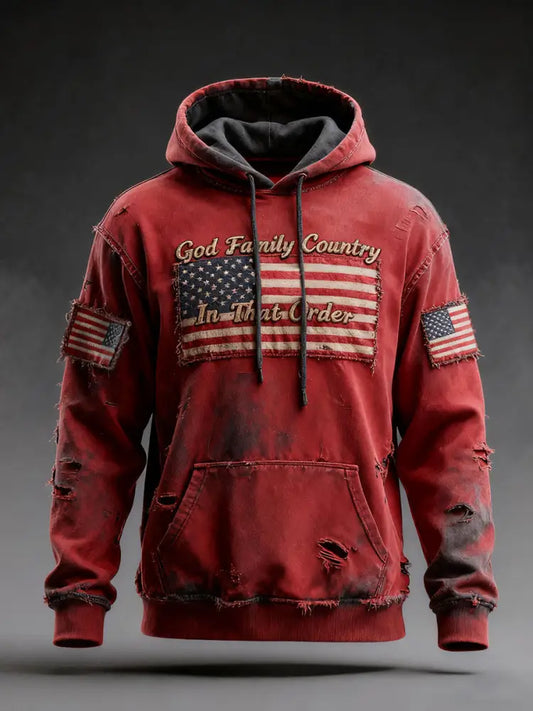 Men’s Retro God Family Country In That Order Printed Hoodie Red / S