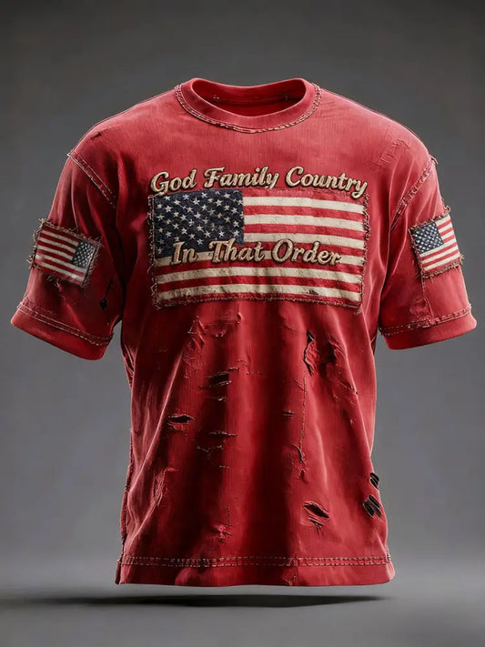 Men’s Retro God Family Country In That Order Printed T-shirt Red / S