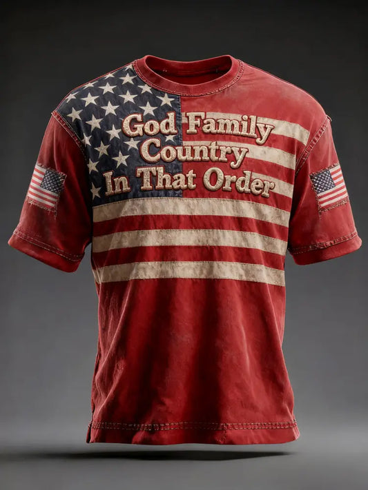 Men’s Retro God Family Country In That Order Printed T-shirt Red / S
