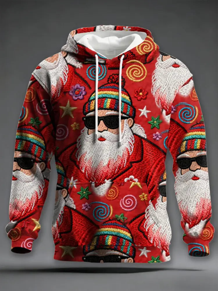 Men’s Retro Groovy Hippie Santa Print Casual Hoodie
