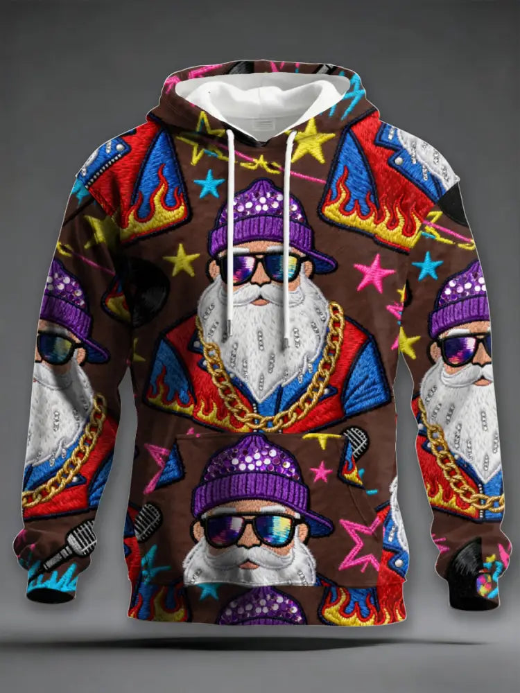 Men’s Retro Groovy Hippie Santa Print Casual Hoodie