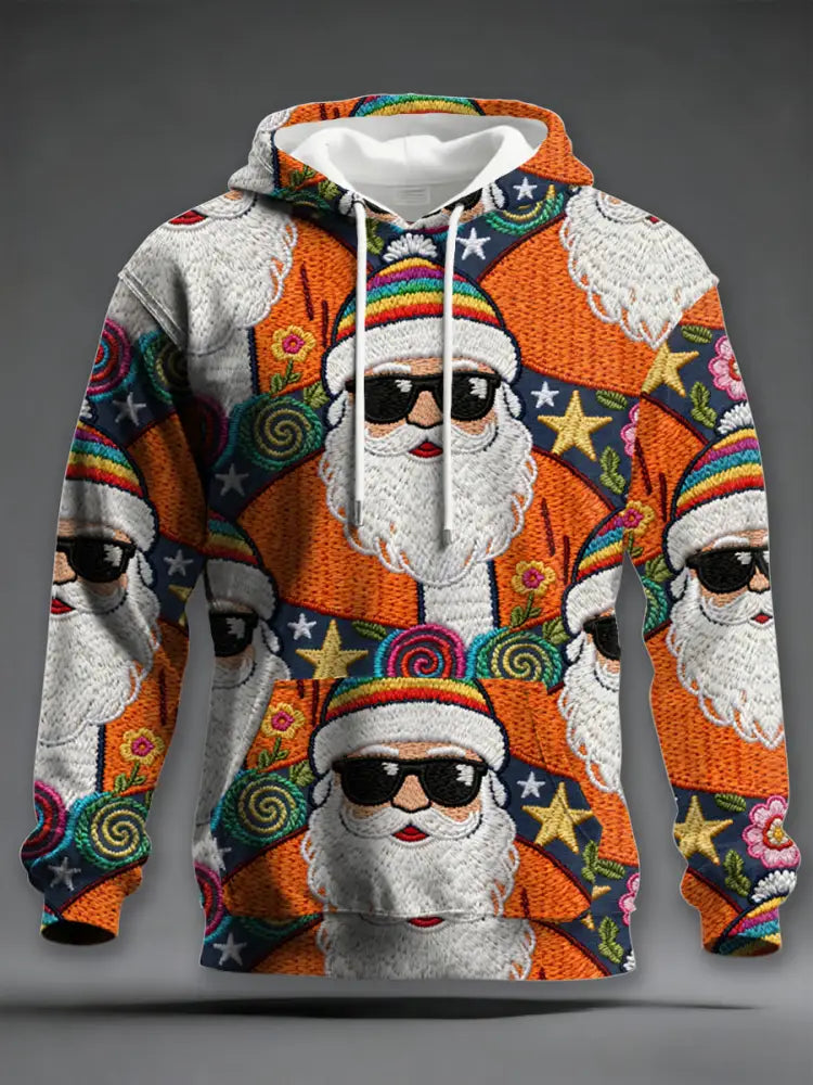 Men’s Retro Groovy Hippie Santa Print Casual Hoodie
