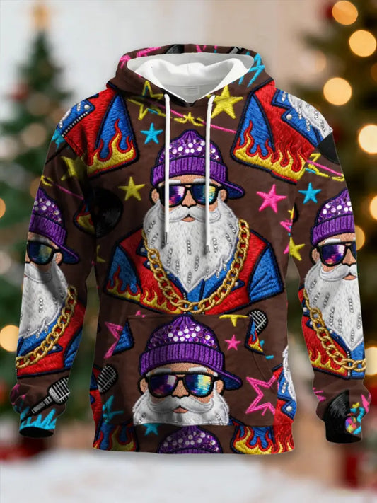 Men’s Retro Groovy Hippie Santa Print Casual Hoodie Coffee / S