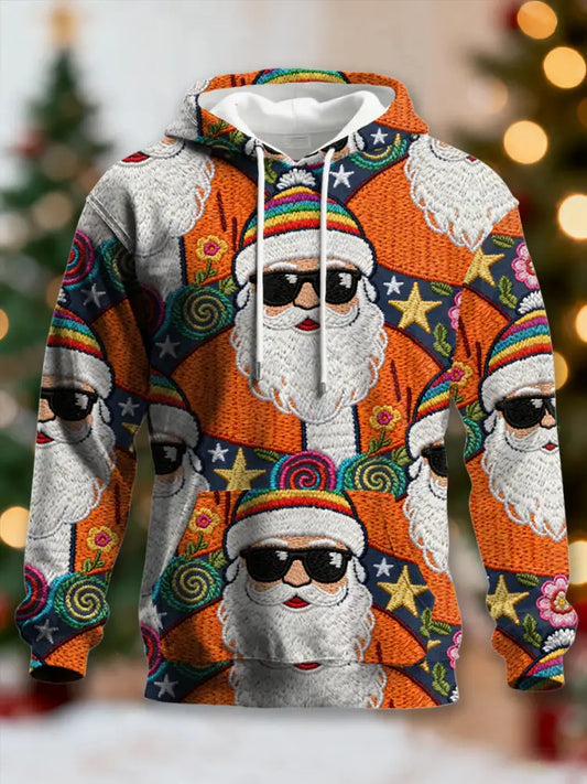 Men’s Retro Groovy Hippie Santa Print Casual Hoodie Orange / S