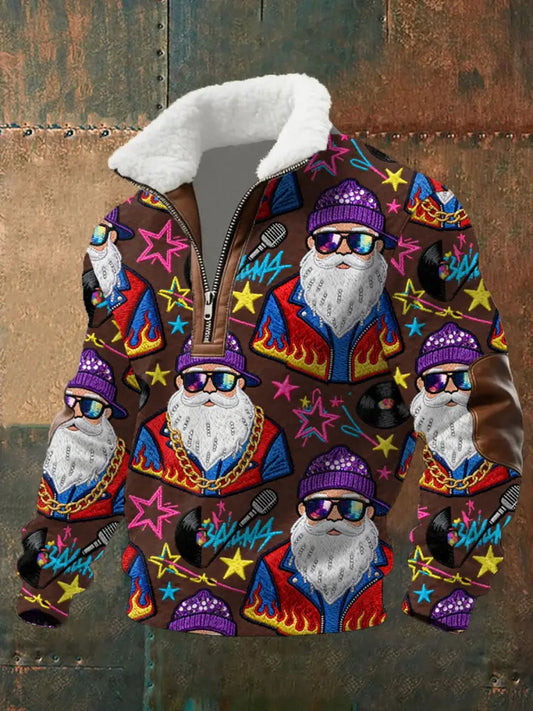 Men’s Retro Groovy Hippie Santa Print Casual Zipper Fur-Collar Pullover Coffee / S