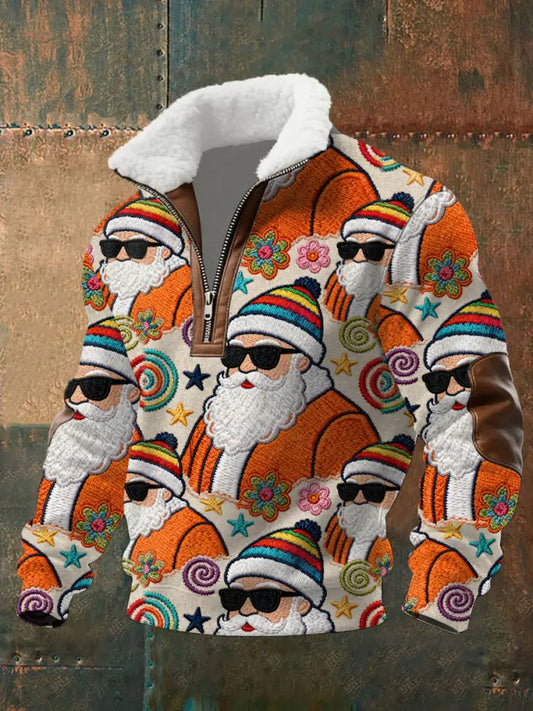 Men’s Retro Groovy Hippie Santa Print Casual Zipper Fur-Collar Pullover Orange / S
