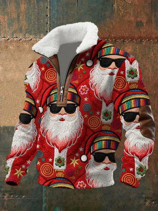 Men’s Retro Groovy Hippie Santa Print Casual Zipper Fur-Collar Pullover Red / S