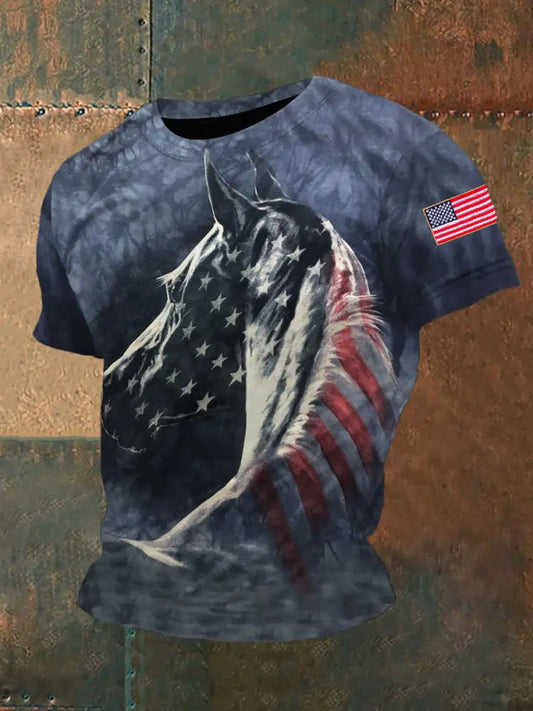 Men’s Retro Independence Day Horse Short Sleeve Shirt As picture / S