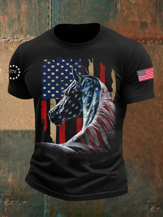 Men’s Retro Independence Day Horse Short Sleeve Shirt Black / S